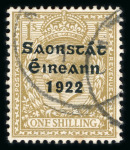 Stamp of Ireland » 1922-23 Thom Three-Line Overprints (T47-T61) 1s bistre-brown, mint block of four, and used single,