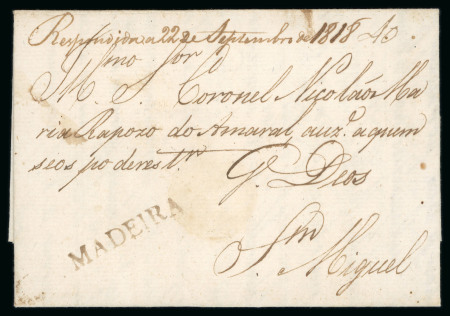 Stamp of Portuguese Colonies » Madeira 1818 (22.9) Entire to St Miguel (Azores) with fine s/l MADEIRA hs