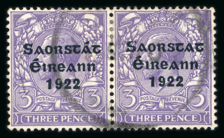 Stamp of Ireland » 1922-23 Thom Three-Line Overprints (T47-T61) 3d bluish violet, used pair, right stamp showing missing