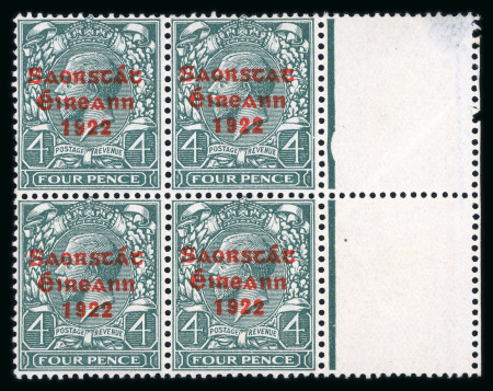 Stamp of Ireland » 1922-23 Thom Three-Line Overprints (T47-T61) 4d grey green, mint block of four and used single,