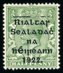 Stamp of Ireland » 1922 (Dec) Thom Overprints - Wide Setting (T42-T46) 1/2d green, mint and used singles, both showing line