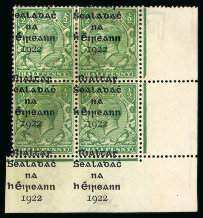 Stamp of Ireland » 1922 (Feb) Dollard Overprints (T1-T14) 1/2d green, unused bottom right corner sheet marginal block of four, showing transposed and misplaced overprint with impression on bottom margin