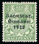 Stamp of Ireland » 1922-23 Thom Three-Line Overprints (T47-T61) 1/2d green, mint single, showing missing accent variety,