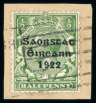 Stamp of Ireland » 1922-23 Thom Three-Line Overprints (T47-T61) 1/2d green, used single tied on fragment, showing missing