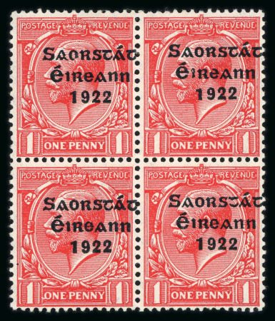 Stamp of Ireland » 1922-23 Thom Three-Line Overprints (T47-T61) 1d scarlet, mint and mint nh block of four, showing