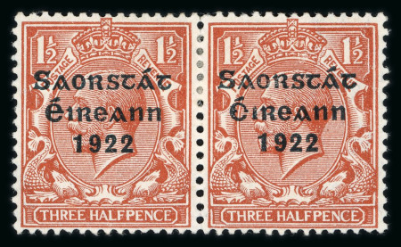 Stamp of Ireland » 1922-23 Thom Three-Line Overprints (T47-T61) 1 1/2d red-brown, mint horizontal pair, right stamp