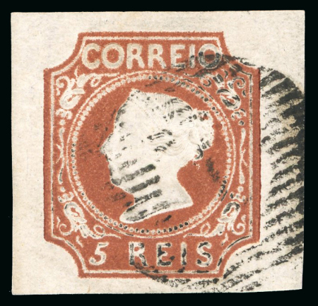 Stamp of Portugal 1855-56 Maria II 5r type I with large to very large margins, "1" numeral cancel