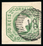 Stamp of Portugal 1853 Maria II 50r yellow-green, used with good to large margins