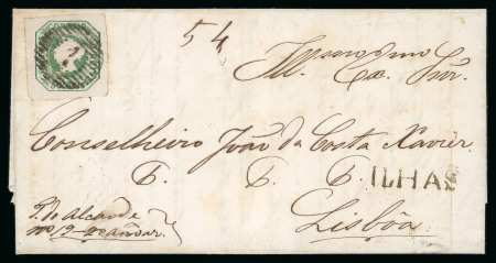 Stamp of Portugal 1853 Maria II 50r yellow-green, good to large margins, tied to 1855 (Oct 10) entire from Fayal to Lisbon