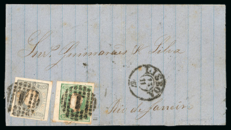 Stamp of Portugal 1866-67 Luis I, imperf. curved label, 50r and 100r type 1a tied to 1857 (Nov 13) wrapper to Brazi