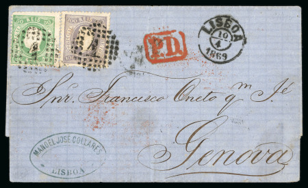Stamp of Portugal 1867-70 Luis I, perf. 12 3/4 curved label, 50r and 100r type 1a, tied to 1869 (Apr 10) wrapper to Italy