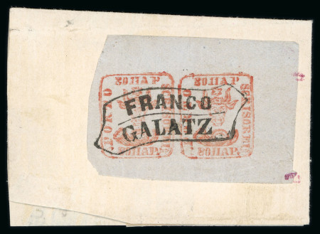 Stamp of Romania » 1858 (1st Nov.) - 1861 Moldavia - Handstruck at Jassy - Imperforate 80 Parale blue on bluish paper horiz. pair cancelled on fragment by superb clear central FRANCO / GALATZ ribbon