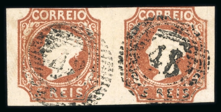 Stamp of Portugal 1853 Maria II 5r type I reddish brown, used pair, three margins, neat "48" circular cancel of Angra do Heroísmo