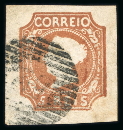 Stamp of Portugal 1853 Maria II 5r type II brown, used with good to large balanced margins, "52" circular cancel of Porto