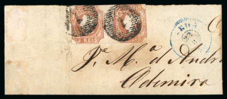 Stamp of Portugal 1853 Maria II 5r type I reddish brown, used pair, mixed margins, on large part newspaper wrapper paying the double weight
