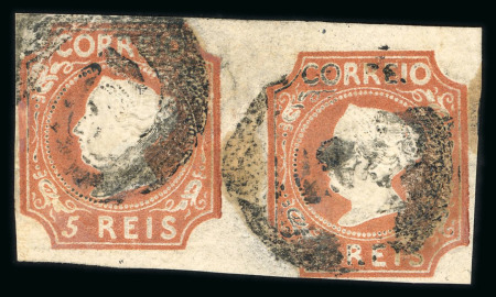 Stamp of Portugal 1853 Maria II 5r type I reddish brown, used pair, repaired