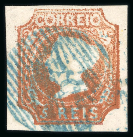 Stamp of Portugal 1853 Maria II 5r reddish brown, worn impression, fine to good margins, neat blue "52" circular cancel of Porto