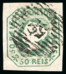Stamp of Portugal 1853 Maria II 50r green used, fine to good margins, showing traces of green printing ink offset on the the reverse