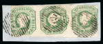 Stamp of Portugal 1853 Maria II 50r green used strip of three on piece