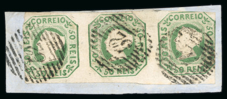 Stamp of Portugal 1853 Maria II 50r green used strip of three on piece