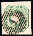 Stamp of Portugal 1853 Maria II 50r green used, large balanced margins, crisp "1" circular cancel of Lisbon