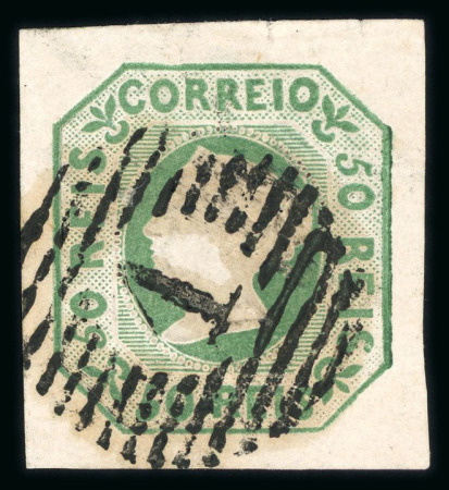Stamp of Portugal 1853 Maria II 50r green used, large balanced margins, crisp "1" circular cancel of Lisbon