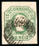 Stamp of Portugal 1853 Maria II 50r green used, fine to very good margins, "1" circular cancel of Lisbon