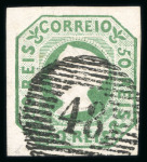 Stamp of Portugal 1853 Maria II 50r green used, fine to good margins, crisp "48" circular cancel of Angra do Heroísmo