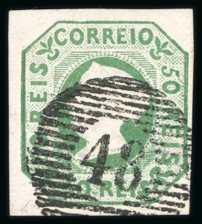 Stamp of Portugal 1853 Maria II 50r green used, fine to good margins, crisp "48" circular cancel of Angra do Heroísmo