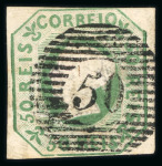 Stamp of Portugal 1853 Maria II 50r green used, just touched at top, crisp "50" circular cancel of Ponta Delgada (Azores)