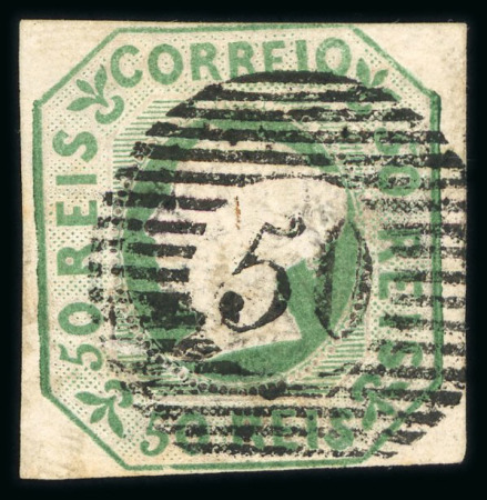 Stamp of Portugal 1853 Maria II 50r green used, just touched at top, crisp "50" circular cancel of Ponta Delgada (Azores)