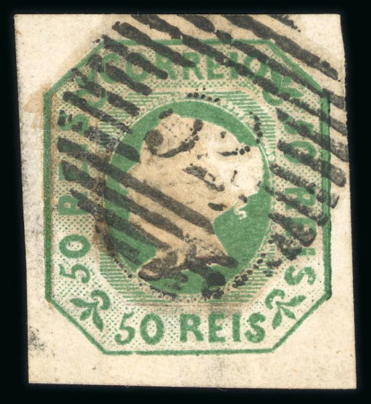 Stamp of Portugal 1853 Maria II 50r green used, good to large margins, neat "52" circular cancel of Porto