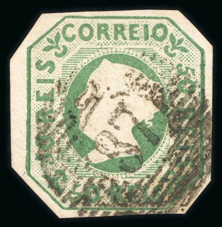 Stamp of Portugal 1853 Maria II 50r green used, cut-to-shape, used