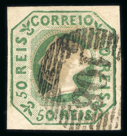Stamp of Portugal 1853 Maria II 50r green used, fine to good margins, "108" circular cancel of Ponte de Barca