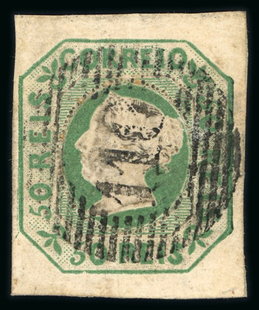 Stamp of Portugal 1853 Maria II 50r green used, fine to large margins, "110" circular cancel of Valença