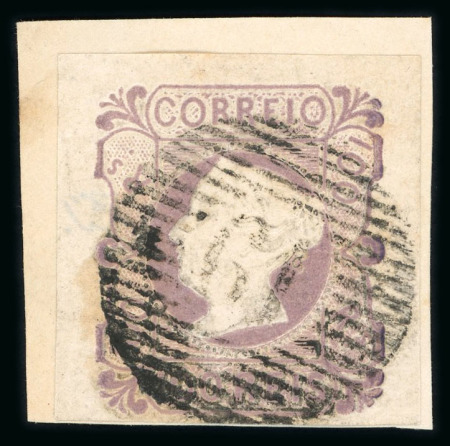 Stamp of Portugal 1853 Maria II 100r lilac used, close to large margins, "61" circular cancel of Guimarães