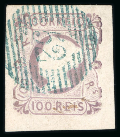 Stamp of Portugal 1853 Maria II 100r lilac used, good to large margins, crisp "52" circular cancel of Porto in blue