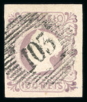 Stamp of Portugal 1853 Maria II 100r lilac used, fine to good margins, crisp "103" circular cancel of Barcelos