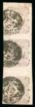 Stamp of Portugal 1853 Maria II 100r lilac used vertical strip of three