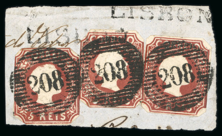 Stamp of Portugal 1855-56 Pedro V 5r, type V, three used examples on a piece