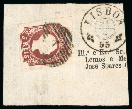 Stamp of Portugal 1855-56 Pedro V 5r (straight hair), type IV, red-brown, on newspaper wrapper piece cancelled by "1" circular cancel of Lisbon