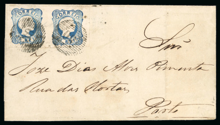 Stamp of Portugal 1855-56 Pedro V 25r (straight hair) type II, two covers with one to France and one from Moinhos