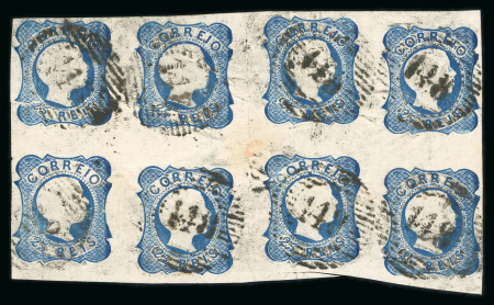 Stamp of Portugal 1855-56 Pedro V 25r (straight hair) type II, used block of eight