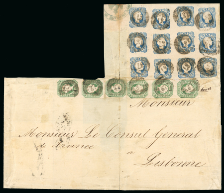 Stamp of Portugal 1855-56 Pedro V (straight hair) 50r in vert. strip of three, vert. pair and single and 1856-58 (curly hair) 25r block of twelve on cover