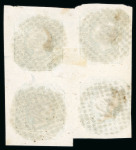 Stamp of Portugal 1855-56 Pedro V (straight hair) 50r used block of four, fine to large margins, crisp "52" circular cancels of Porto