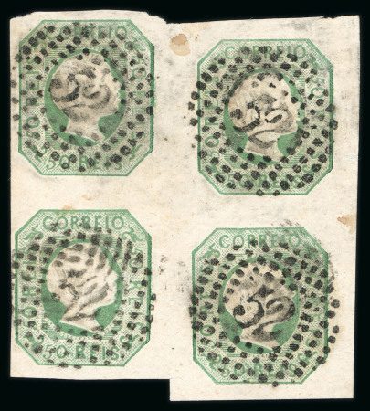 Stamp of Portugal 1855-56 Pedro V (straight hair) 50r used block of four, fine to large margins, crisp "52" circular cancels of Porto