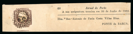 Stamp of Portugal 1856-58 Pedro V (curly hair) 5r type II, 3 margins, on large part newspaper wrapper band