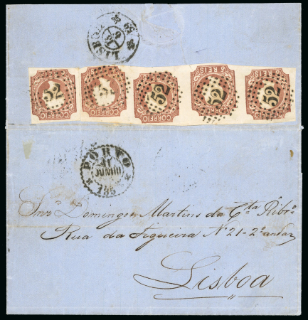 Stamp of Portugal 1856-58 Pedro V (curly hair) 5r type III strip of four and single on reverse of 1859 entire from Porto to Lisbon
