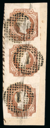 Stamp of Portugal 1856-58 Pedro V (curly hair) 5r type VIII used vertical strip of three