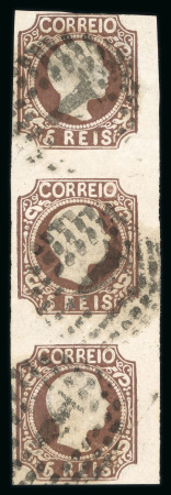 Stamp of Portugal 1856-58 Pedro V (curly hair) 5r dark brown type XI used vertical strip of three
